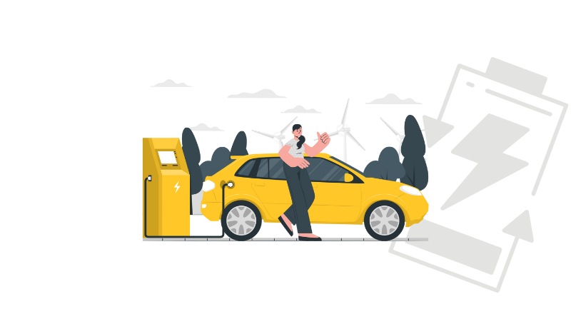 Illustration d'une recharge de véhicule électrique avec éoliennes en arrière-plan
